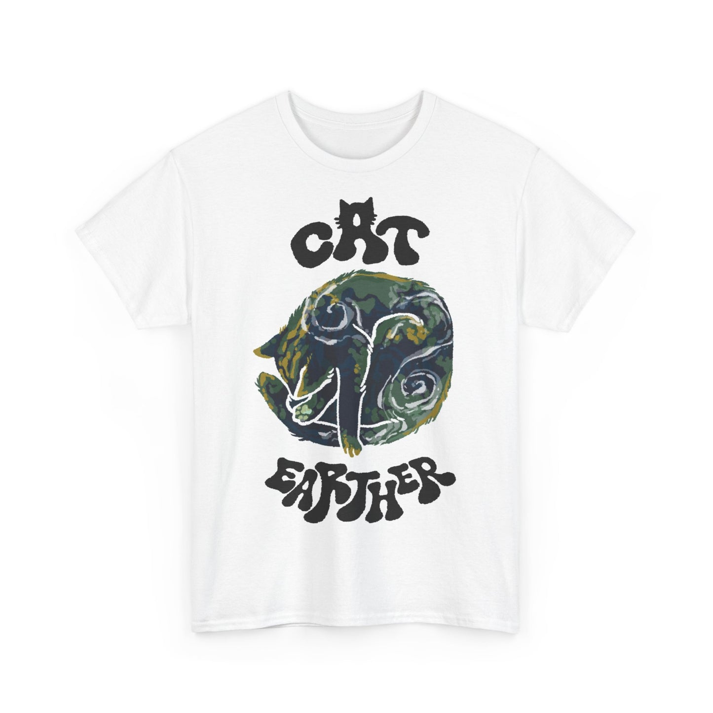 CAT EARTHER, Unisex Heavy Cotton T-Shirt | Graphic Planet Sleeping Cat | Space lover | Earth Nature | Flat Earth joke