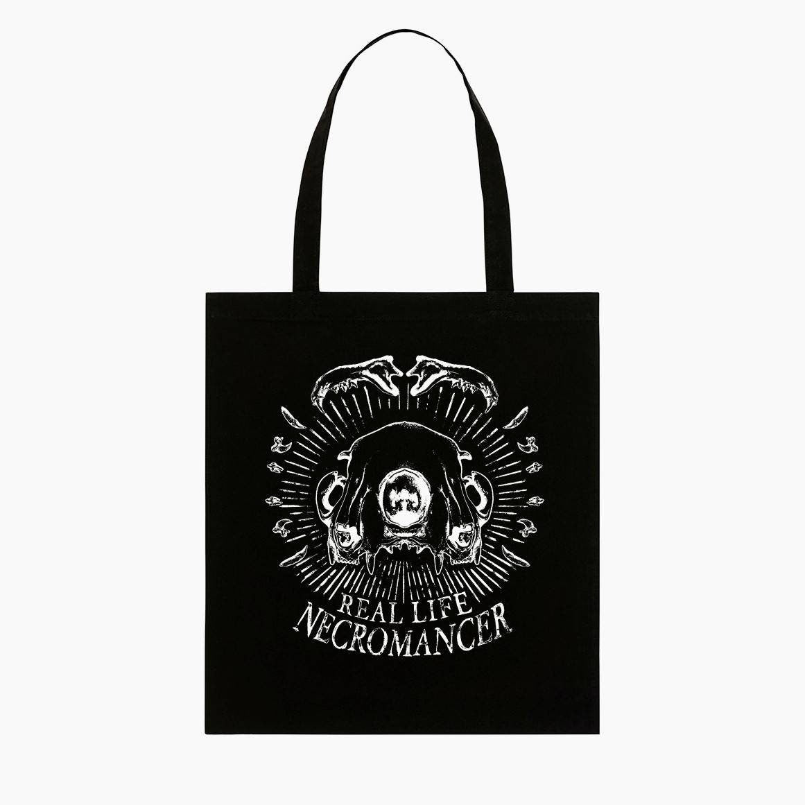 REAL LIFE NECROMANCER, Black screen printed tote bag | Vulture culture | Gothic alternative | Oddities & Curios | Cat skull art | Whimsigoth