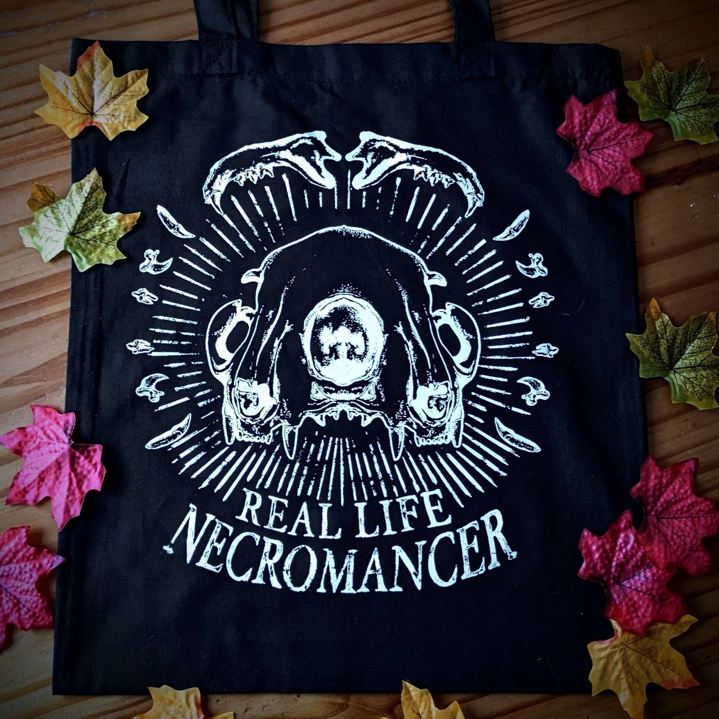 REAL LIFE NECROMANCER, Black screen printed tote bag | Vulture culture | Gothic alternative | Oddities & Curios | Cat skull art | Whimsigoth