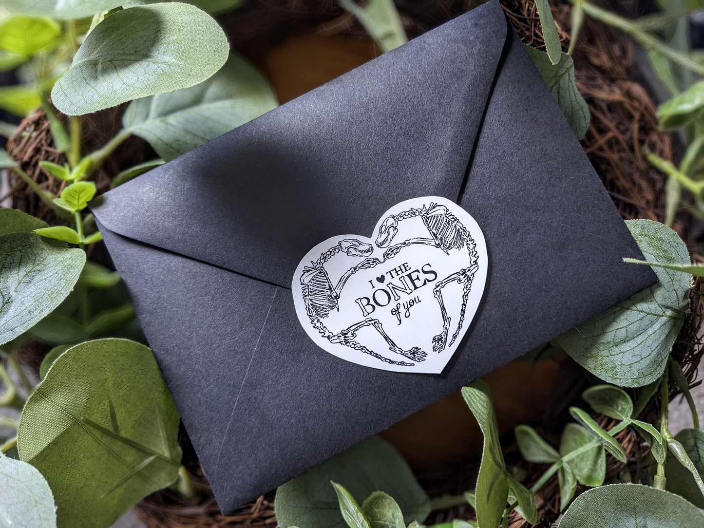 I LOVE THE BONES of you, Original art A6 card | Anniversary | Skeleton love | Gothic | Vulture Culture | Valentines | Romantic | Alternative