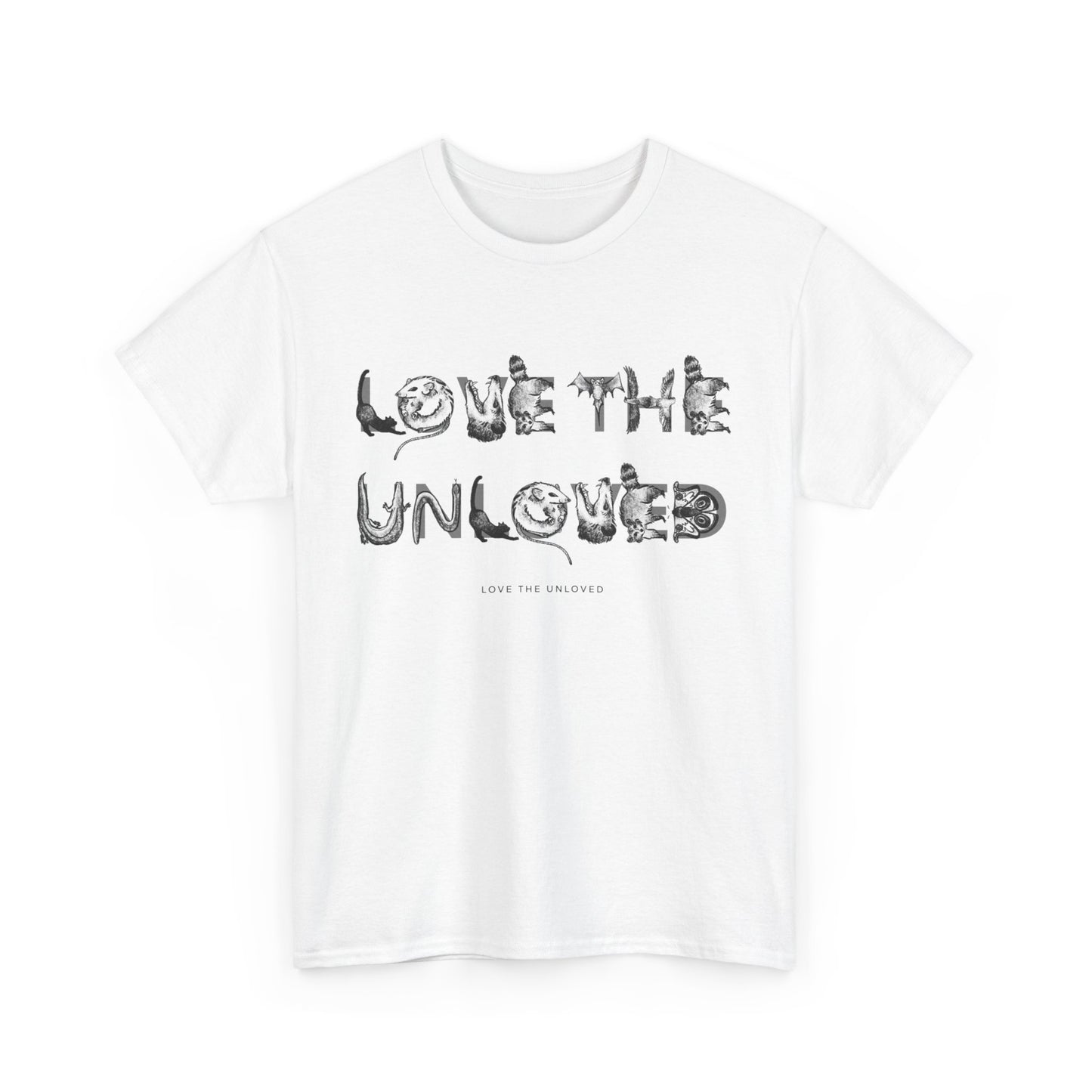 LOVE THE UNLOVED, Unisex Heavy Cotton T-Shirt | Graphic rat snake opossum cat bat | Animal lover | Gothic | Crocodile crow pigeon moth