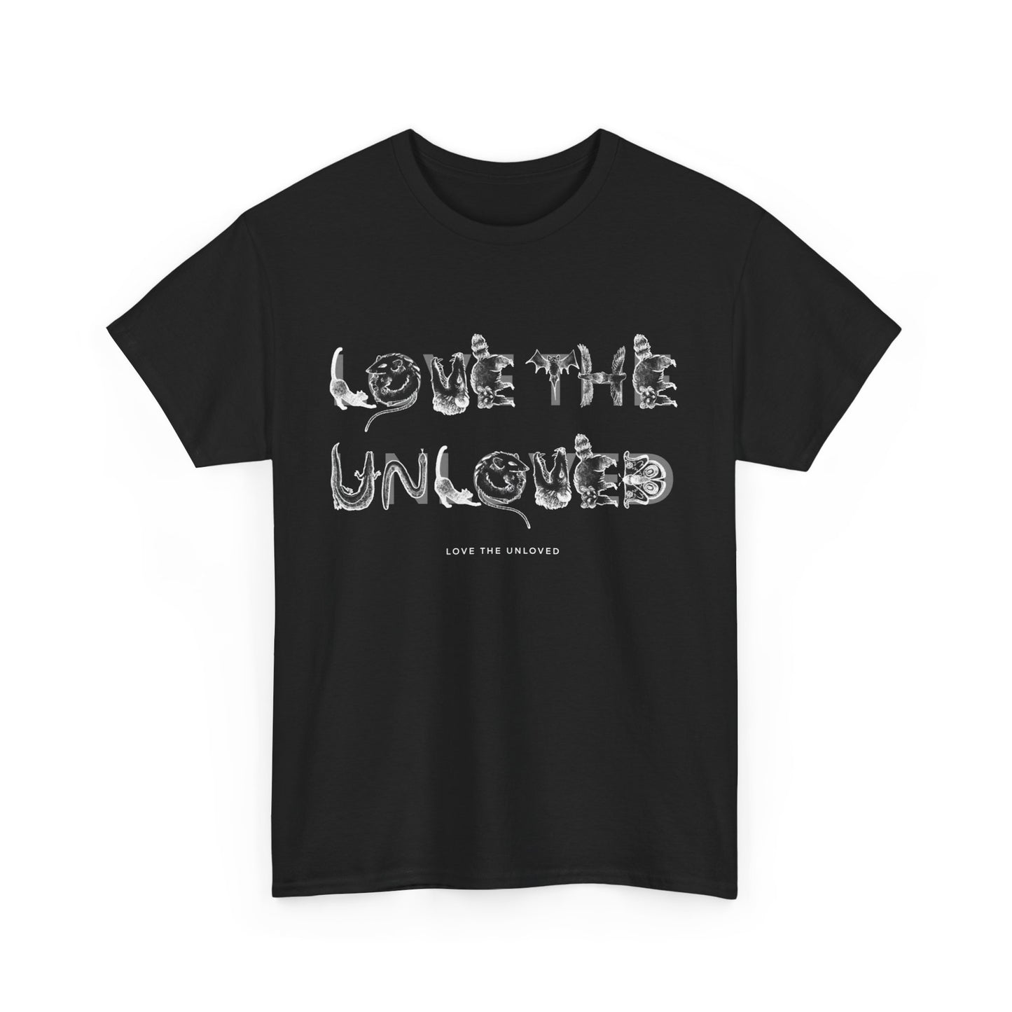 LOVE THE UNLOVED, Unisex Heavy Cotton T-Shirt | Graphic rat snake opossum cat bat | Animal lover | Gothic | Crocodile crow pigeon moth