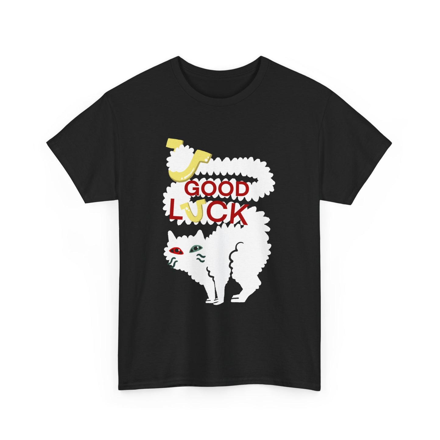 GOOD LUCK BAD LUCK, Black cat with horseshoe | Unisex Heavy Cotton T-Shirt | Gothic style | Graphic Feline appreciation gift | Better luck next time