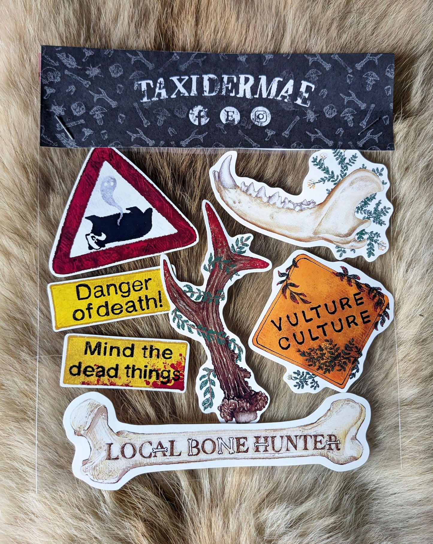 LOCAL BONE HUNTER, Original art sticker sheet Die-cut pack | Oddities & Curiosities | Vulture culture | Skull collecting | Gothic | Road signs | Roadkill