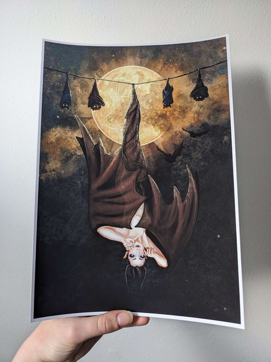 BATYA, BATINA, BATHILDA A4 art print | Bat woman | Pinup style | Moonlight | Nature | Gothic style