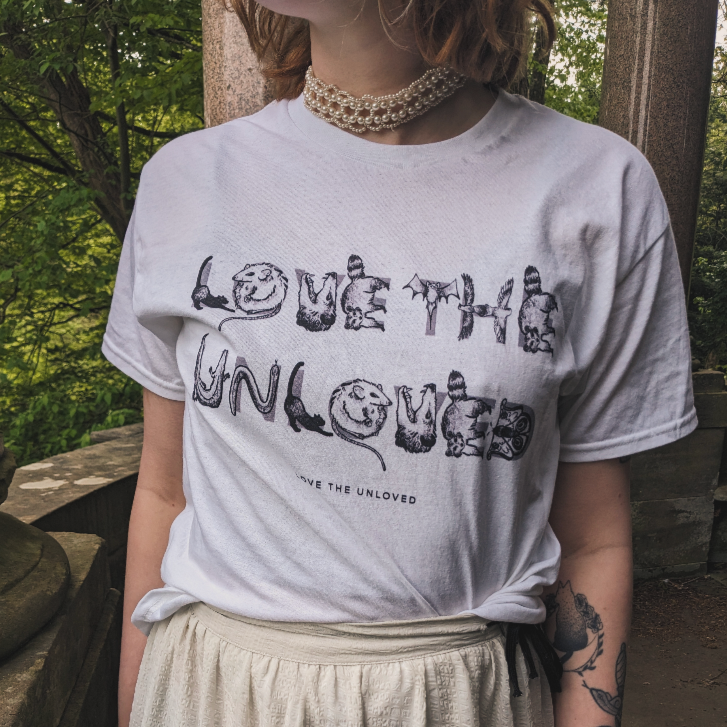 LOVE THE UNLOVED, Unisex Heavy Cotton T-Shirt | Graphic rat snake opossum cat bat | Animal lover | Gothic | Crocodile crow pigeon moth