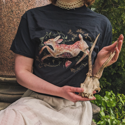 STITCHES, Deer fawn heart with flowers | Unisex Heavy Cotton T-Shirt | Gothic style | Taxidermy & Oddities | Cottagecore | Nature is Metal