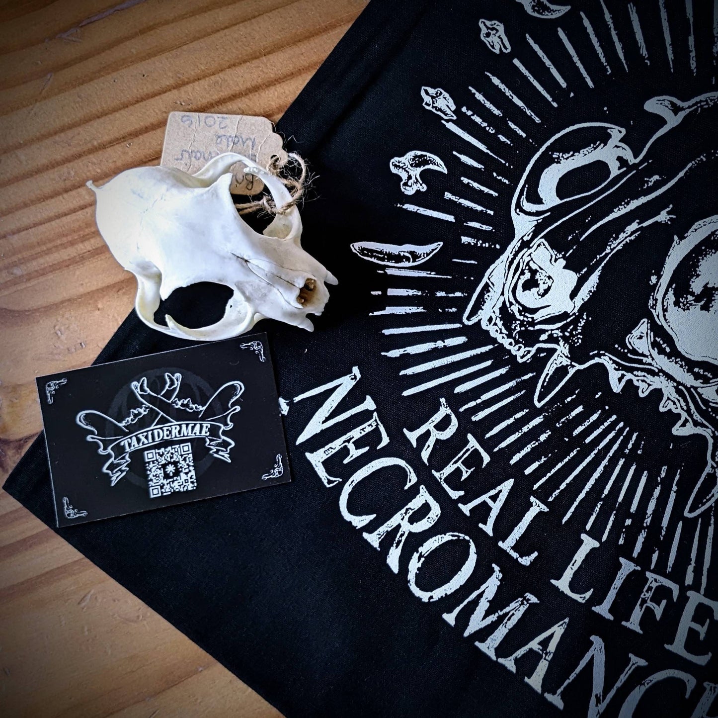 REAL LIFE NECROMANCER, Black screen printed tote bag | Vulture culture | Gothic alternative | Oddities & Curios | Cat skull art | Whimsigoth