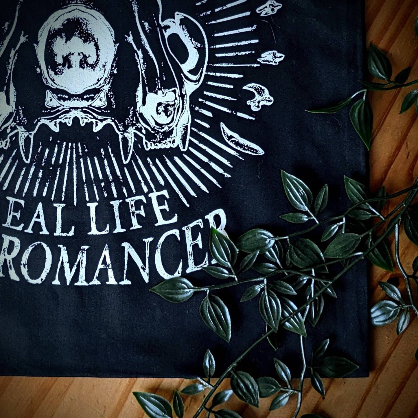 REAL LIFE NECROMANCER, Black screen printed tote bag | Vulture culture | Gothic alternative | Oddities & Curios | Cat skull art | Whimsigoth