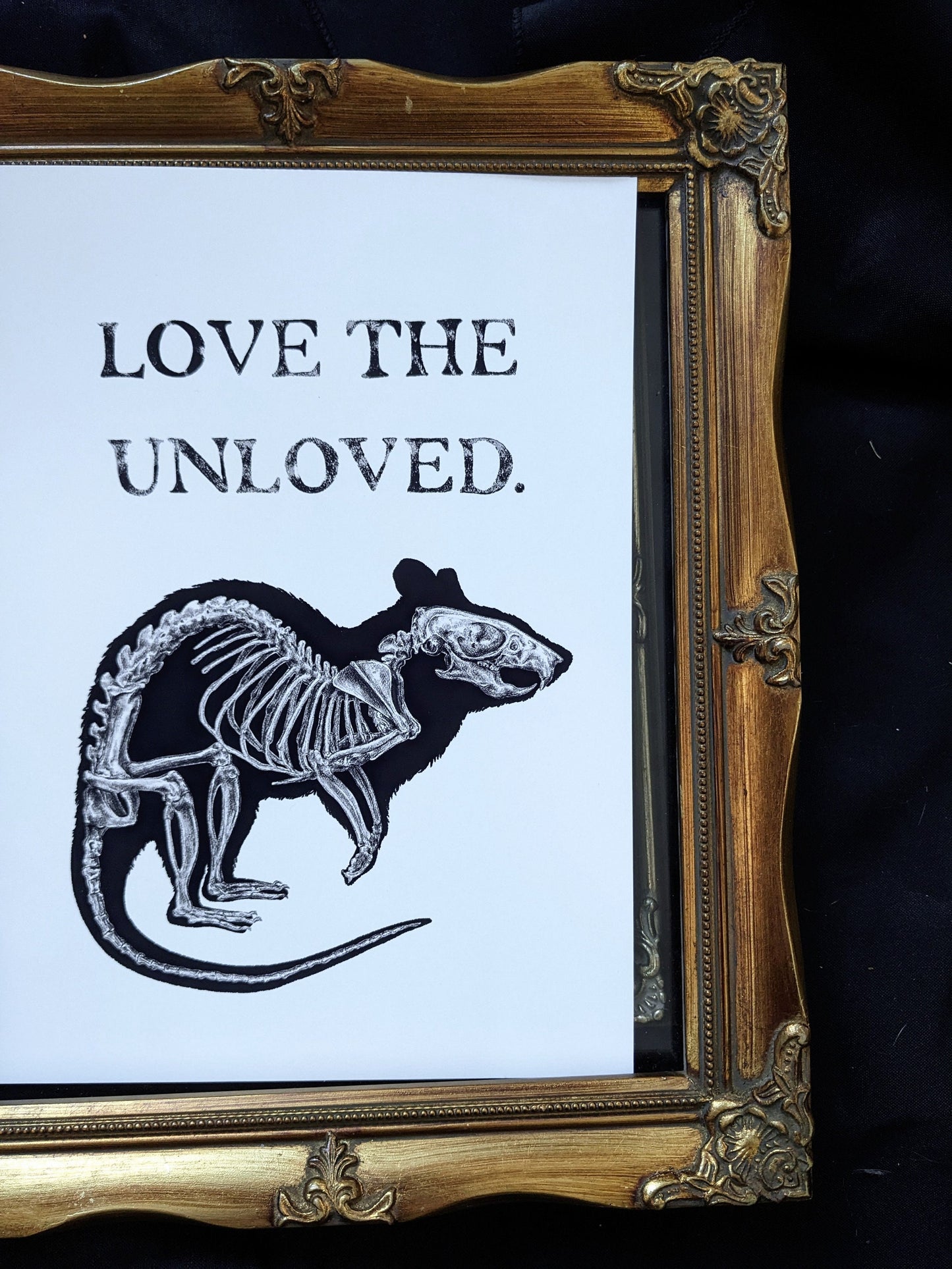 LOVE THE UNLOVED, Original A5/A4 art print | Oddities & Curiosities | Skeleton love | Taxidermy rat | Vulture Culture | Gothic style art | Black & white