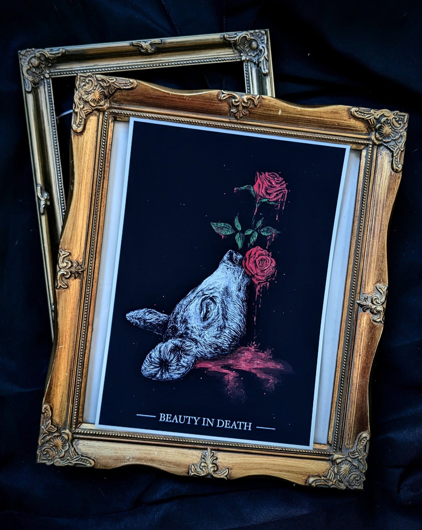 BEAUTY IN DEATH, Original A4 art print | Oddities & Curiosities | Deer love | Taxidermy horror | Vulture Culture | Gothic style art |