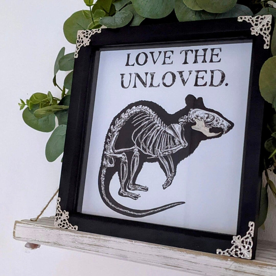 LOVE the UNLOVED, Original art print with real rat jaw taxidermy framed shadow box | Oddities & Curiosities | Rat lover | Goth Decor | Witch