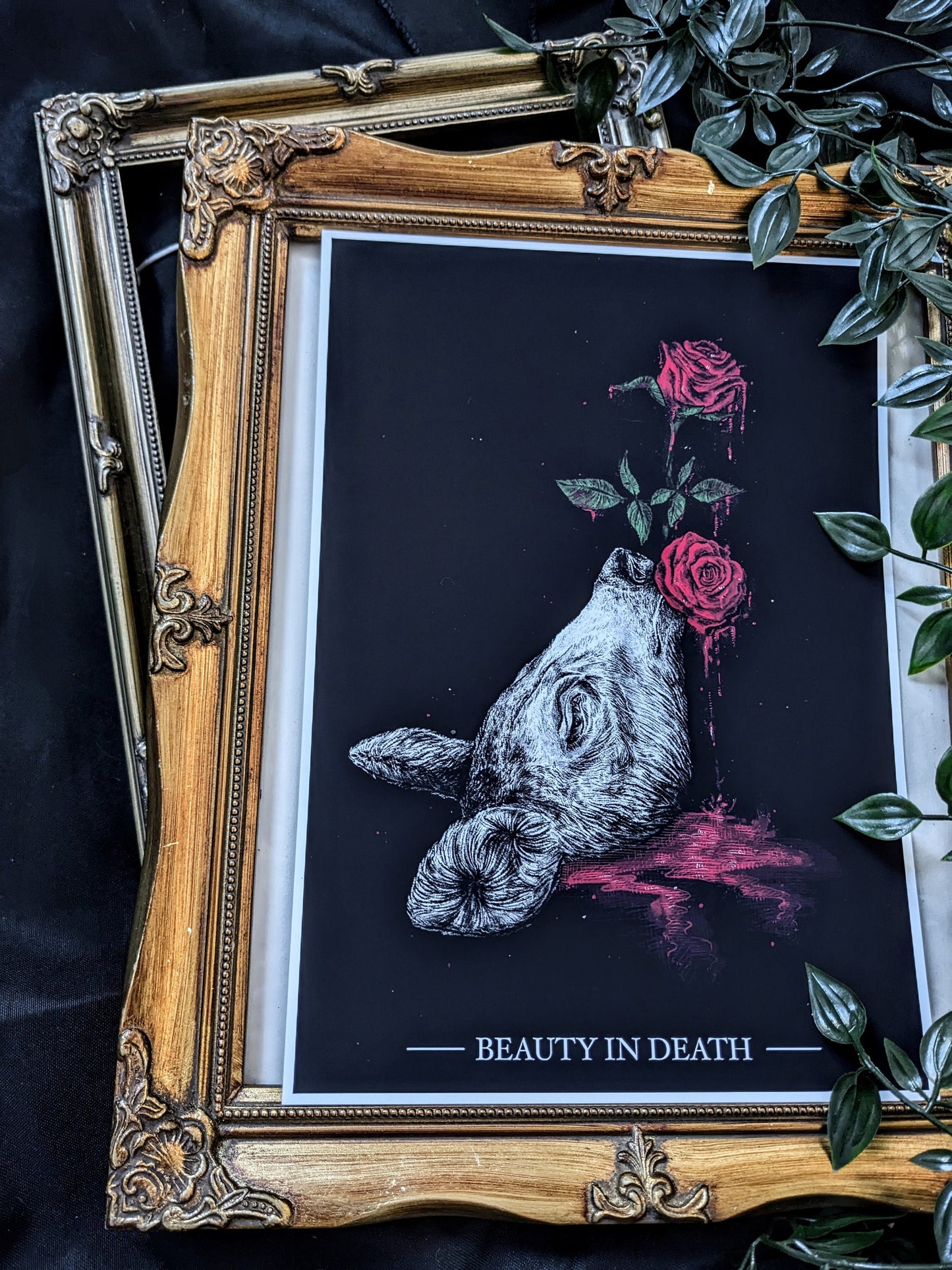 BEAUTY IN DEATH, Original A4 art print | Oddities & Curiosities | Deer love | Taxidermy horror | Vulture Culture | Gothic style art |