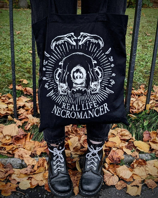 REAL LIFE NECROMANCER, Black screen printed tote bag | Vulture culture | Gothic alternative | Oddities & Curios | Cat skull art | Whimsigoth